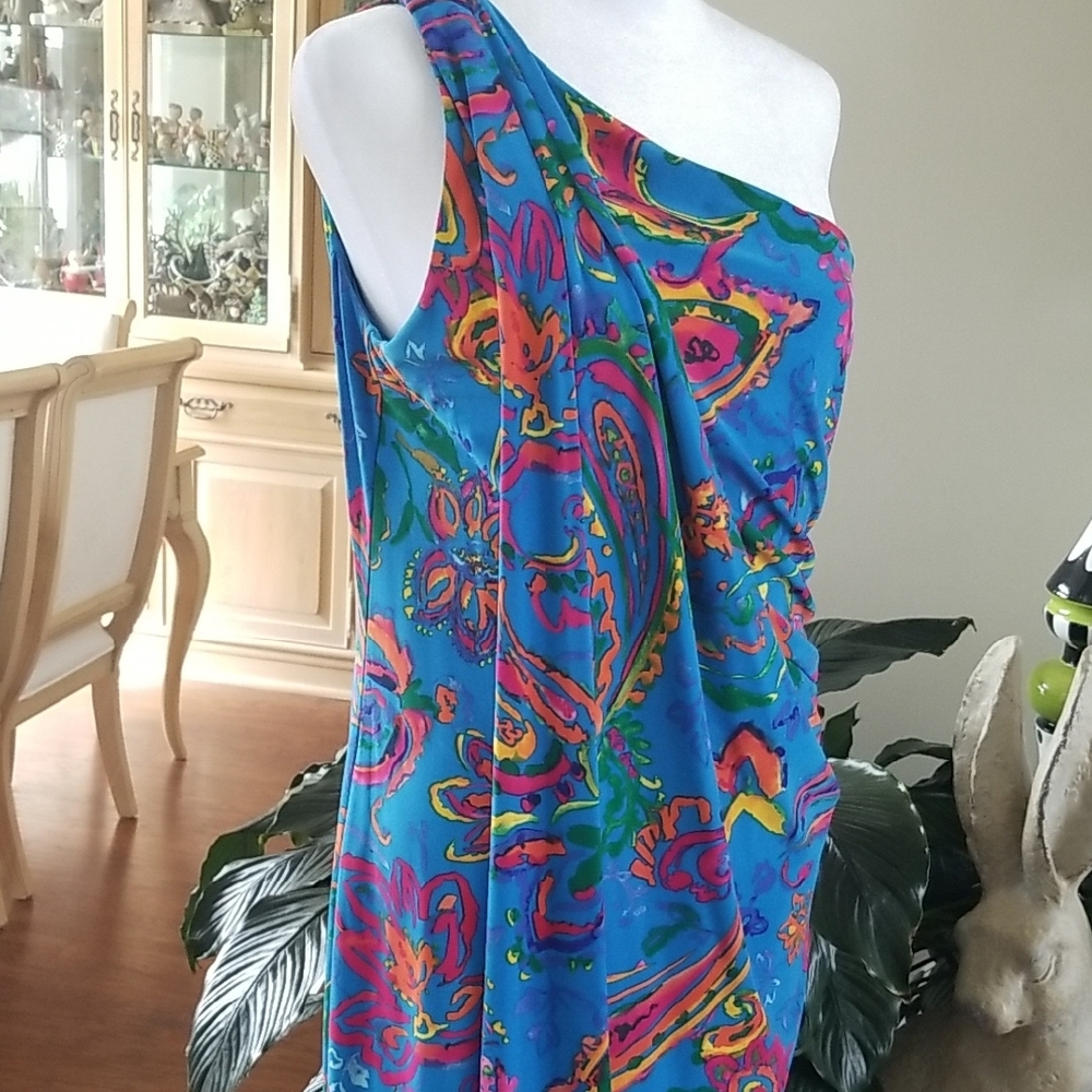 Ralph Lauren One-Shoulder Bright Blue Multicolor Paisley Dress - Picture 2 of 5